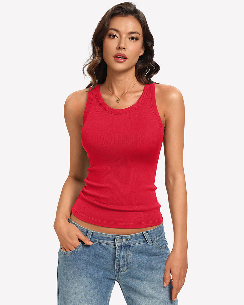 Red ribbed high-neck fitted tank top with built-in bra
