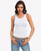 White ribbed high-neck fitted tank top with built-in bra