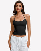 Black halter crop top camisole with backless tie straps, double lined