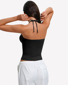Black backless halter crop top camisole with tie straps, double lined