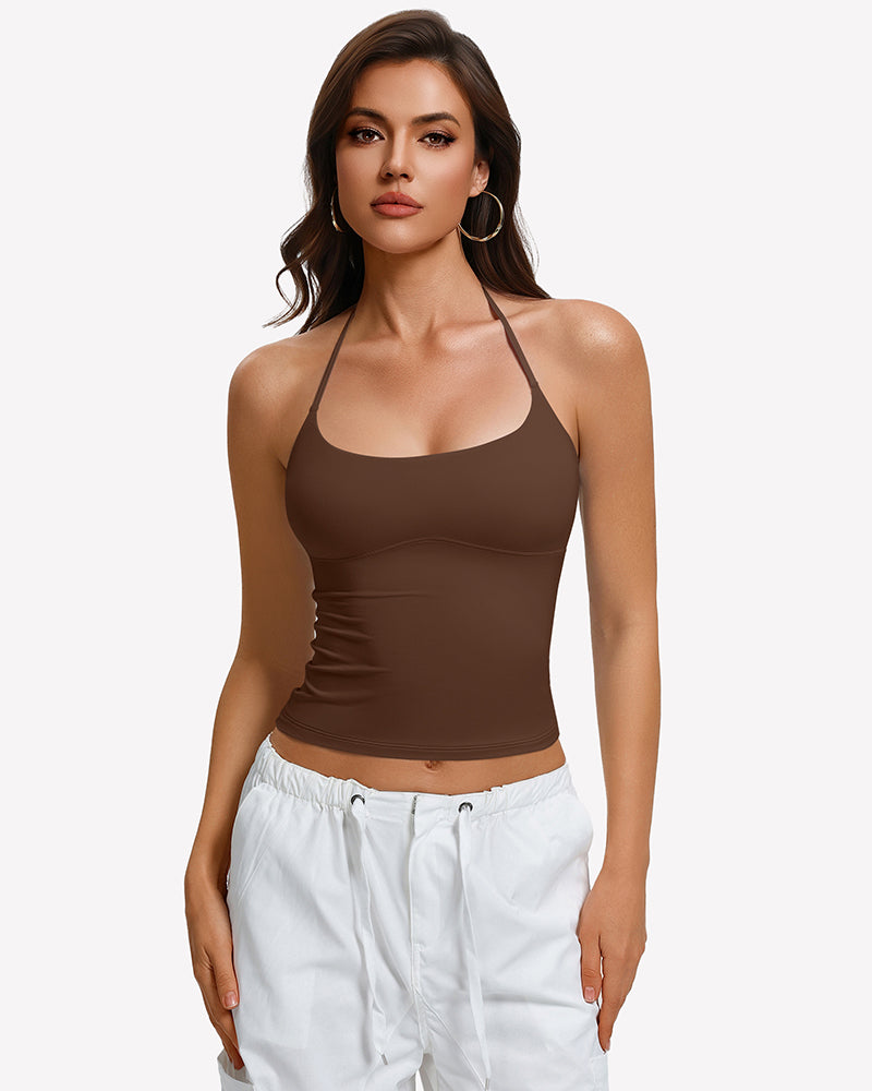 Brown halter crop top camisole with backless tie straps, double lined