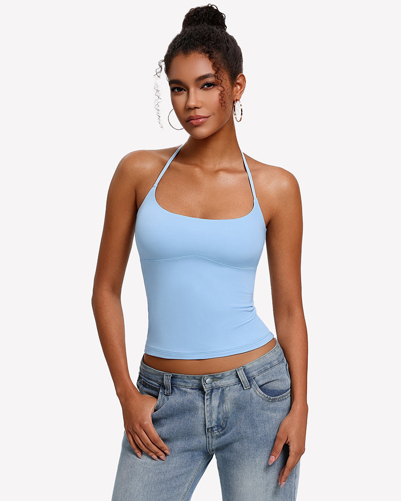 Light blue halter crop camisole with backless double strap