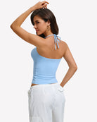 Light blue halter crop camisole with lace-up back detail