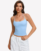 Light blue halter crop top camisole with backless tie straps, double lined
