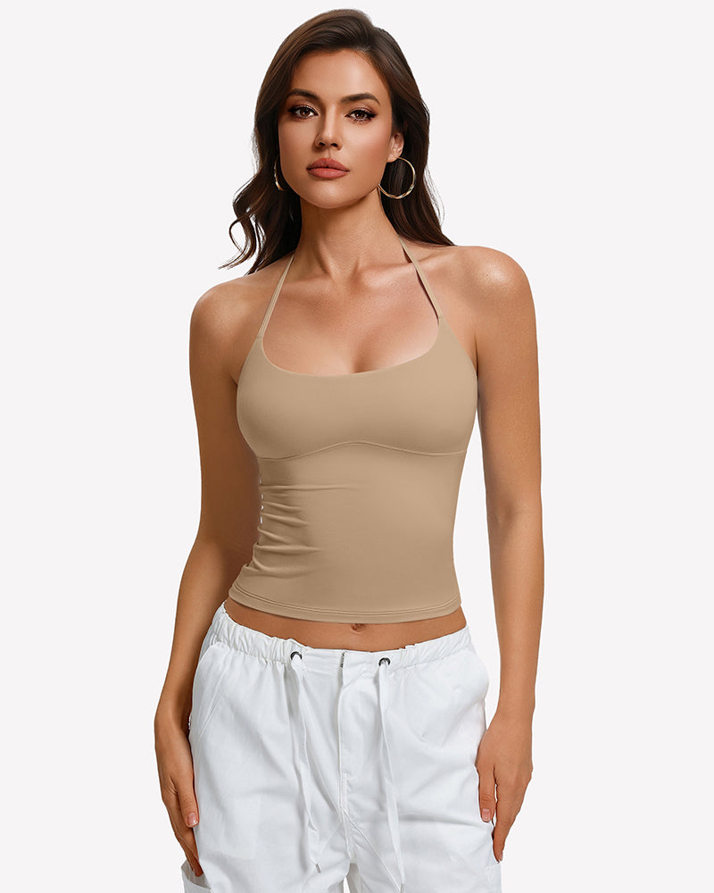 Nude double-lined halter crop camisole with scooped backless neckline