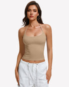 Nude double-lined halter crop camisole with scooped backless neckline