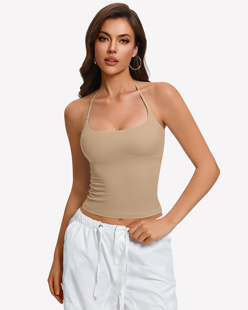 Nude halter crop top camisole with backless tie straps, double lined