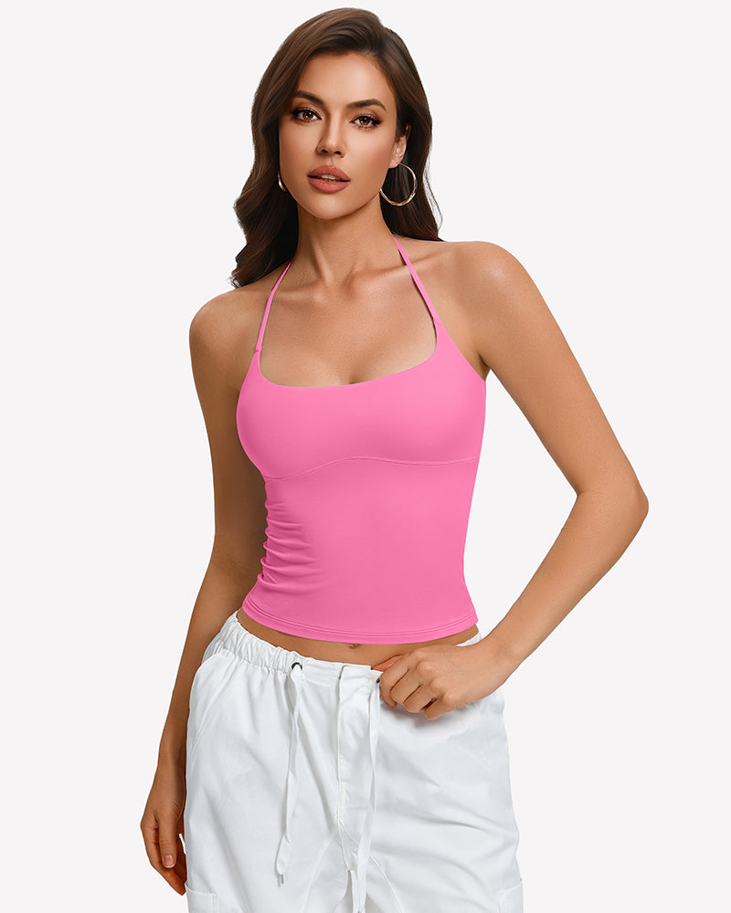 Pink halter crop top camisole with backless tie straps, double lined