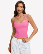 Pink halter crop top camisole with backless tie straps, double lined