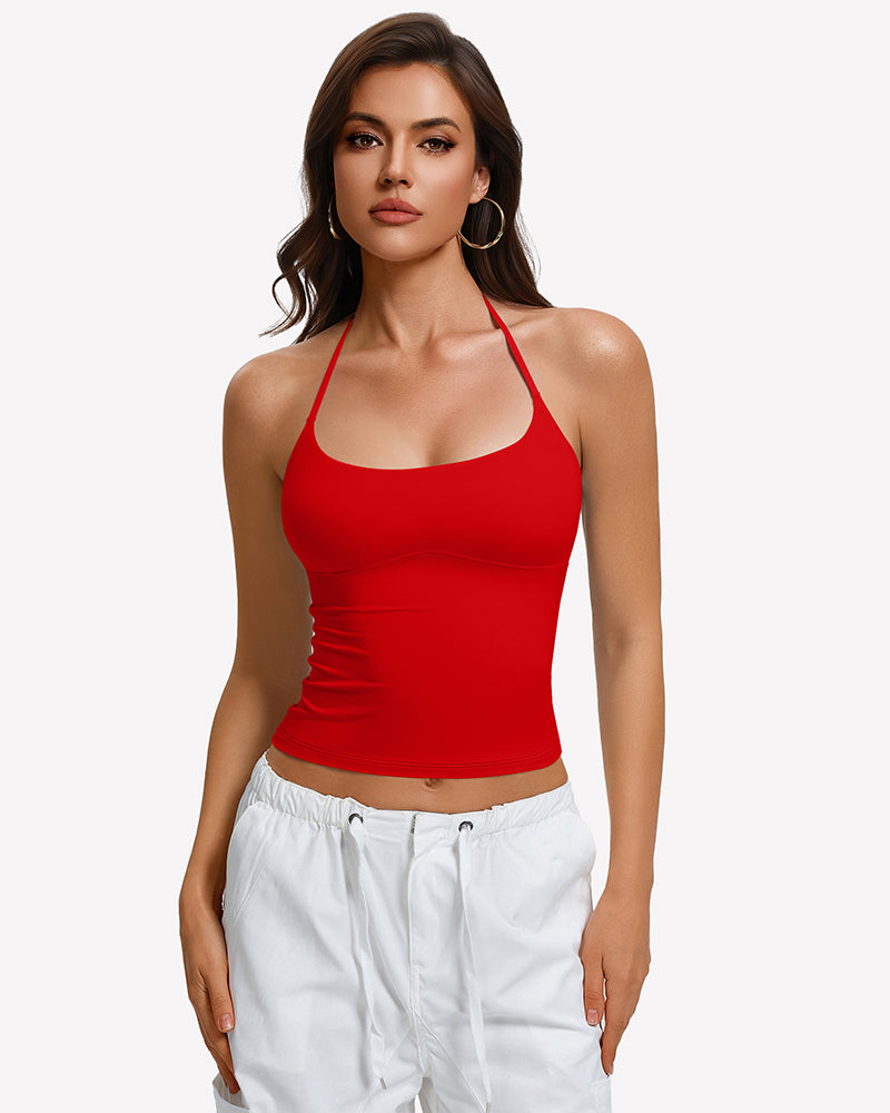 Red halter crop camisole with wide double straps