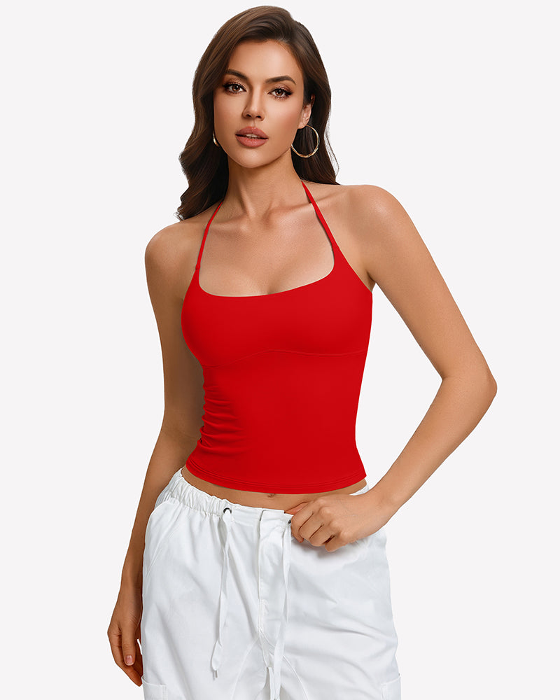 Red halter crop top camisole with backless tie straps, double lined