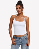 White halter crop top camisole with backless tie straps, double lined