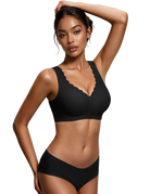 Black lace-trim wireless bralette with deep V scalloped edge and smooth cups