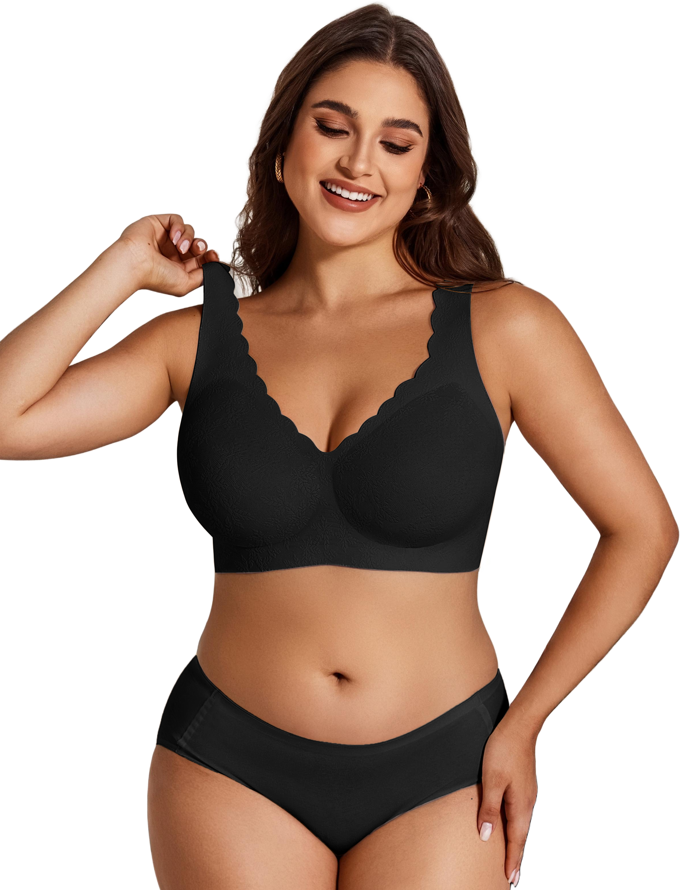 Black wireless bralette with deep V neckline and scalloped lace trim