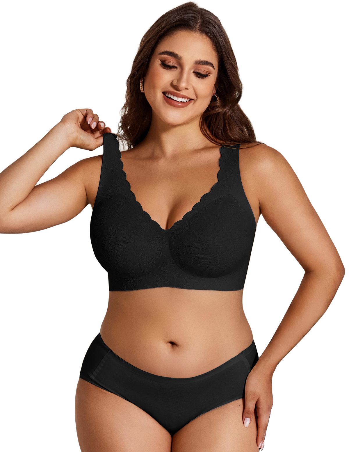 Black wireless bralette with deep V neckline and scalloped lace trim