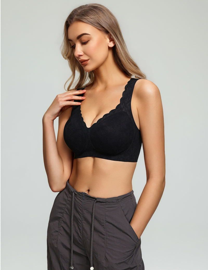 Black lace-trim wireless bralette with deep V front and scalloped neckline edge