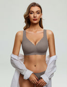 Dusty rose wireless bralette with deep V scalloped edge and lace trim