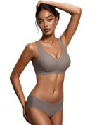 Gray lace-trim wireless bralette with deep V scalloped edge and smooth cups
