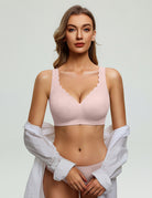 Lilac wireless bralette with deep V neckline and scalloped lace trim