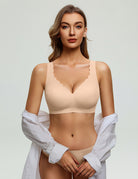 Beige/nude wireless bralette with deep V scalloped edge and lace trim