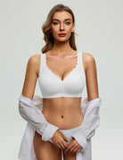 Wireless lace bralette in white with deep V scalloped edge and underwire-free support