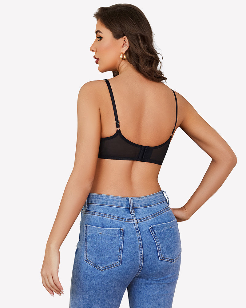 Black lace underwire sheer mesh bra, open back with adjustable straps