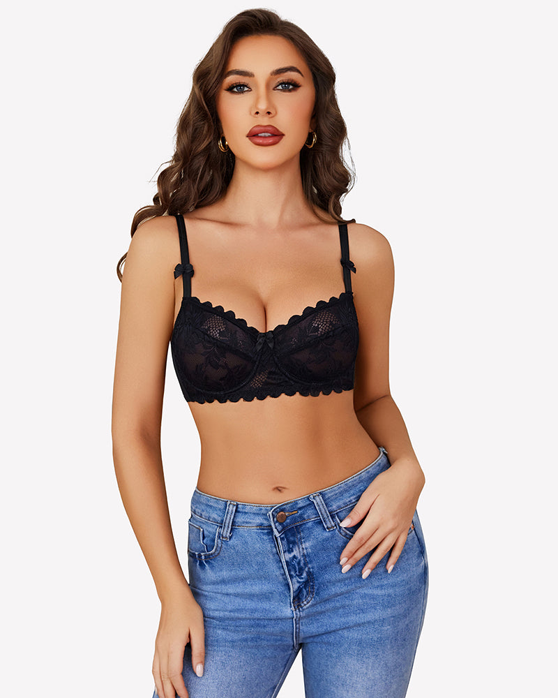 Black lace underwire sheer mesh bra with scalloped lace cups and tie straps