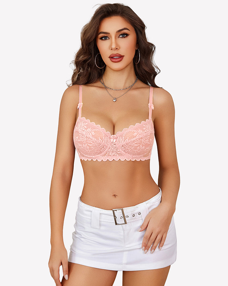Light pink lace underwire sheer mesh bra with scalloped lace cups and center bow