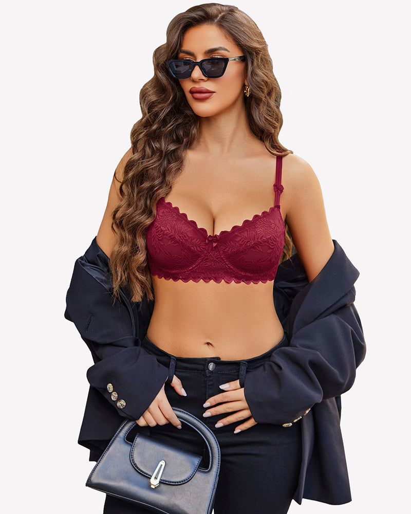 Wine red lace underwire unlined sheer mesh bra with scalloped cups and thin straps
