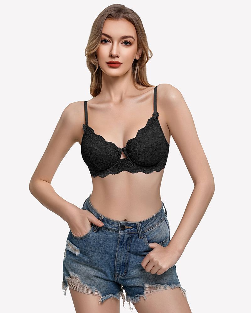 Black lace balconette bra with V-neck, underwire, scalloped edges, and thin straps.