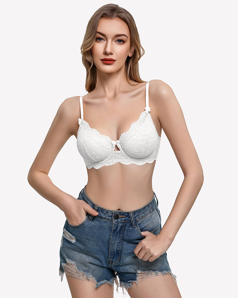 White lace balconette bra with V-neck underwire cups and thin adjustable straps.