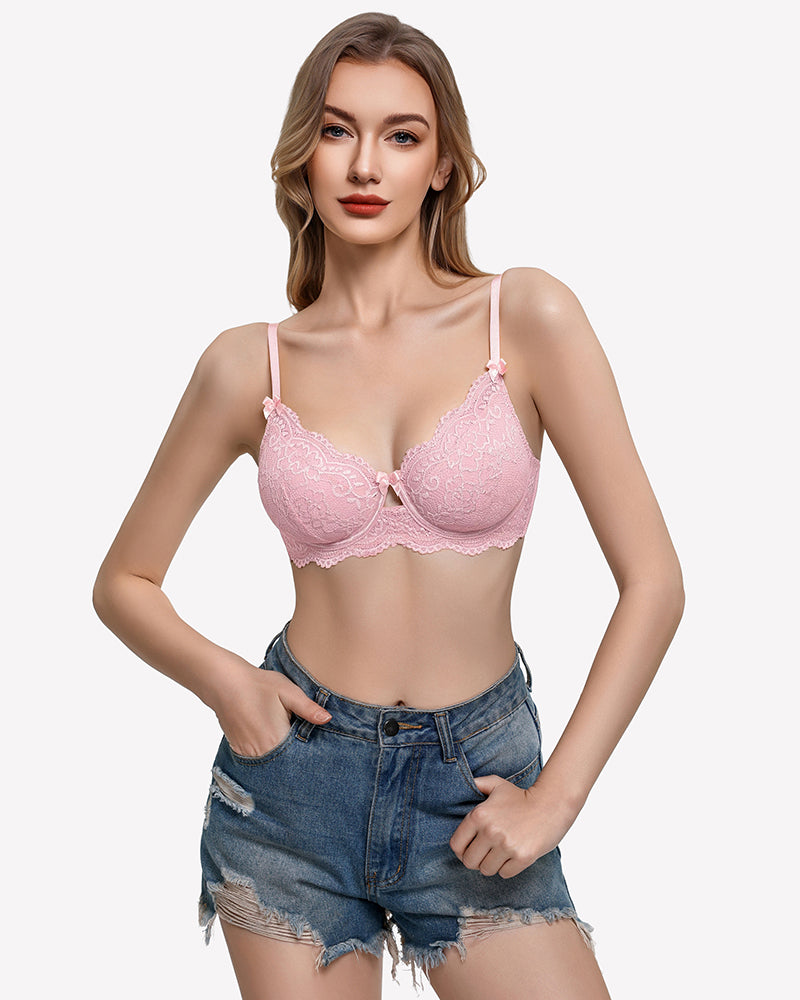 Pink lace balconette bra with V-neck underwire cups and delicate scalloped edges.
