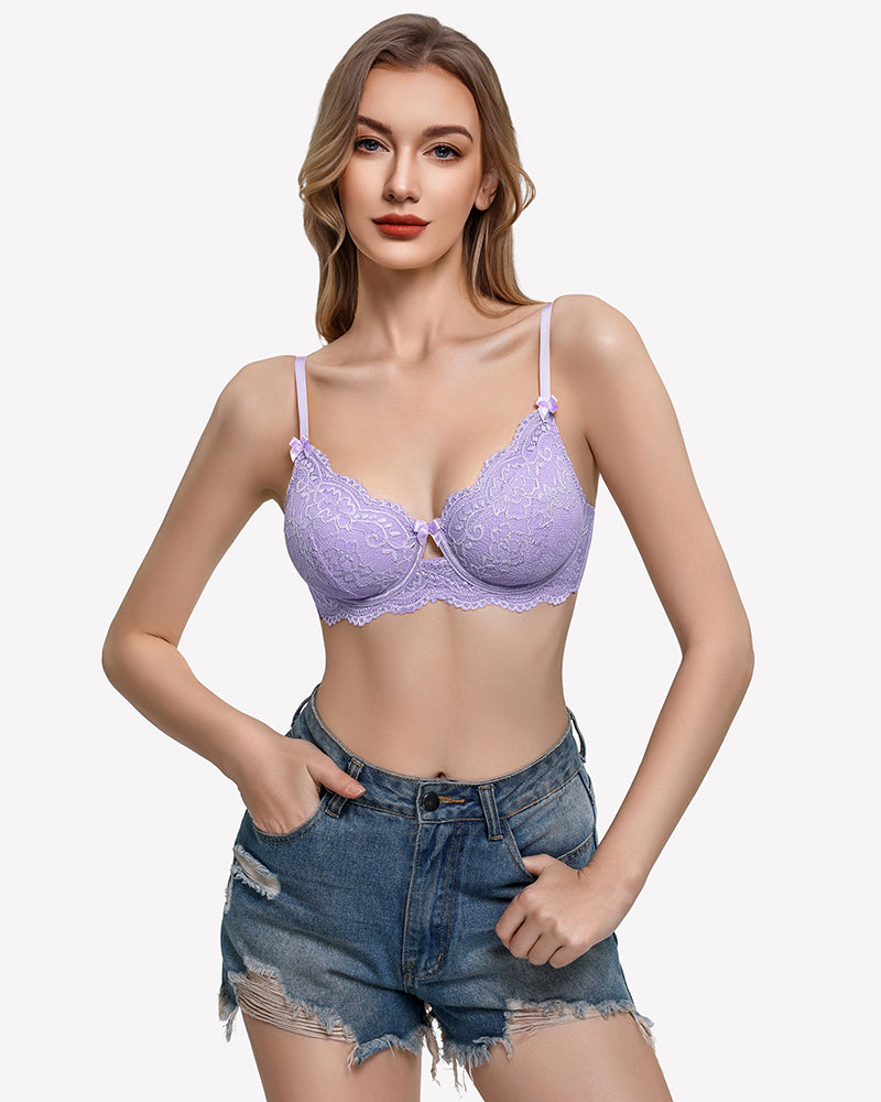 Lilac lace balconette bra with V-neck underwire cups and scalloped lace trim.
