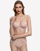 Blush pink lace balconette bra with V-neck underwire cups and scalloped edges.