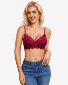 Wine red lace balconette bra with V-neck underwire cups and thin straps.