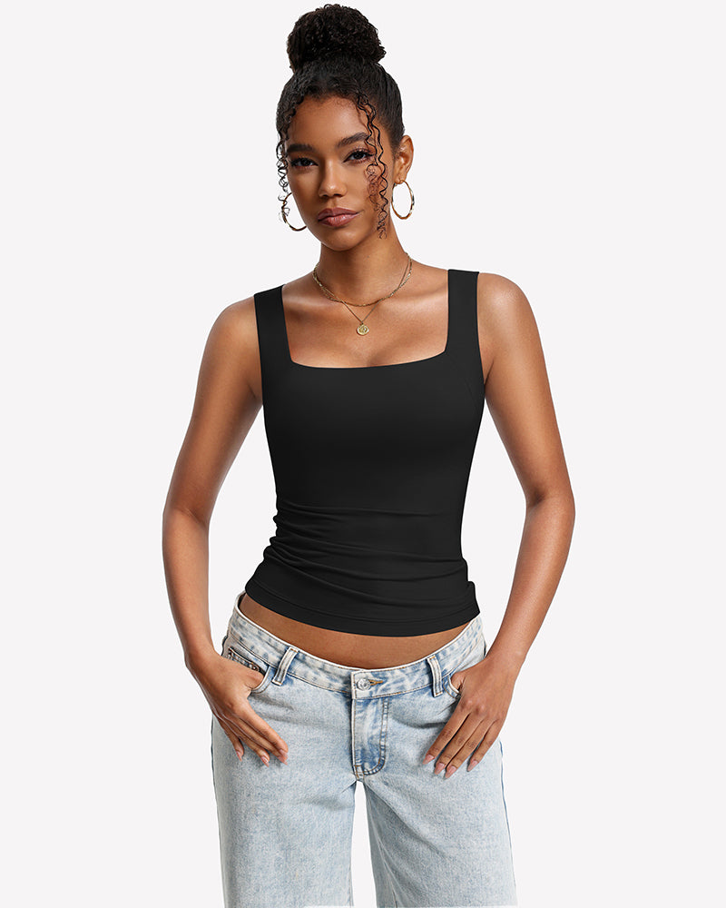 Double-lined bra tank top with U-neck, black sleeveless stretchy layering