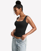 Double-lined built-in bra tank top, black square U-neck, sleeveless