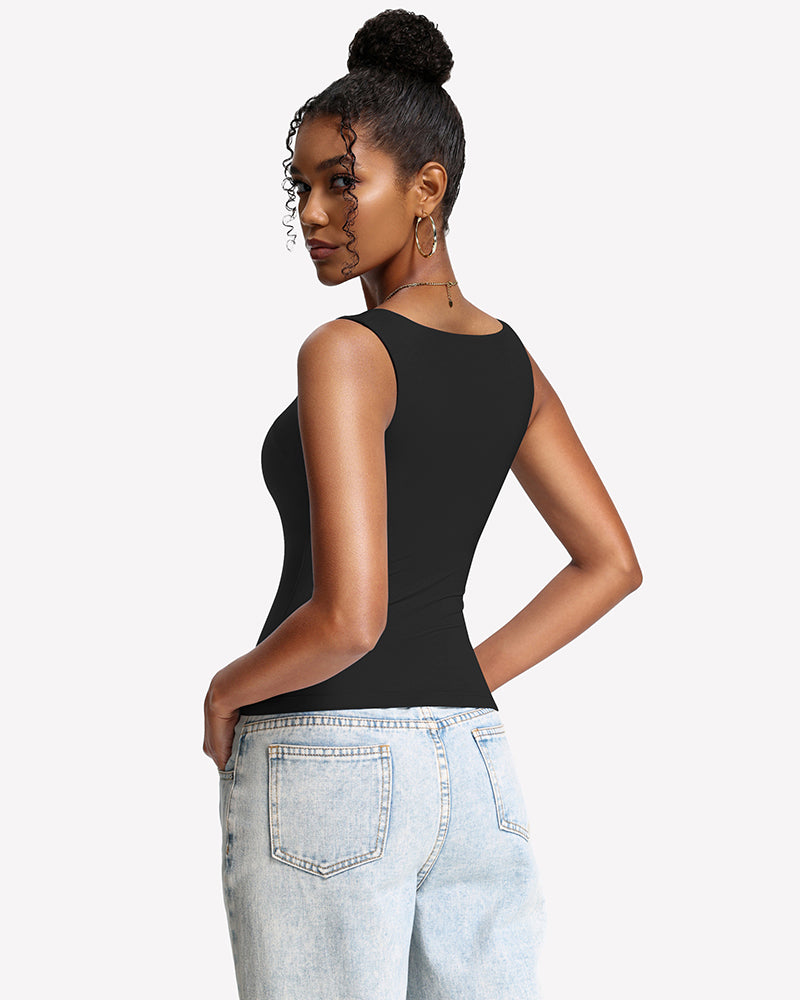 Double-lined built-in bra tank top, black sleeveless with straight-back straps