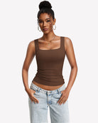 Double-lined built-in bra tank top, brown U-neck, sleeveless