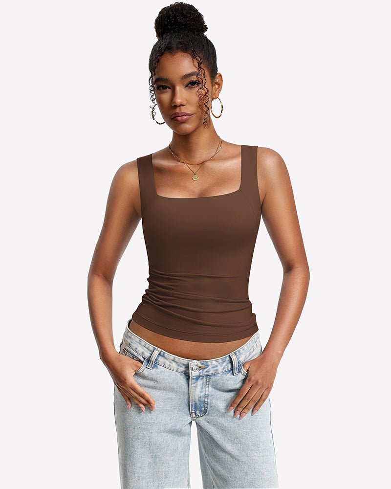 Double-lined built-in bra tank top, brown U-neck, sleeveless