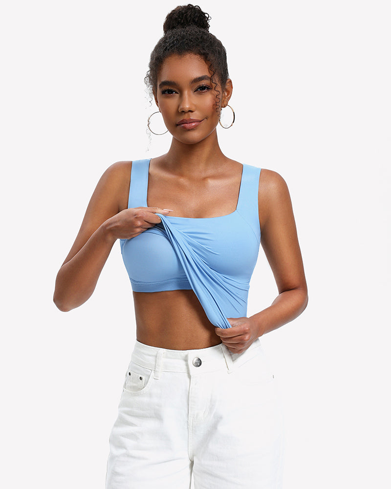 Double-lined bra tank top with U-neck, light blue, sleeveless and stretchy