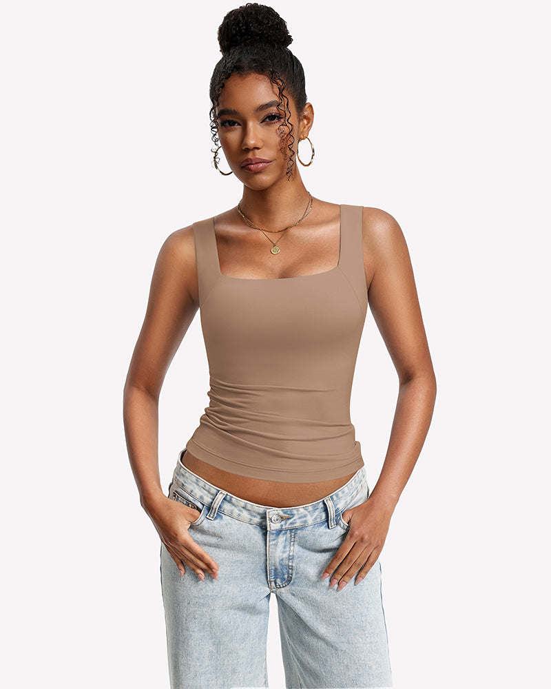 Double-lined built-in bra tank top, nude U-neck, sleeveless