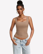 Double-lined built-in bra tank top, nude U-neck, sleeveless