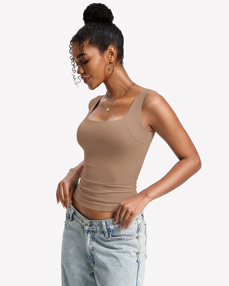 Double-lined bra tank top with U-neck, nude sleeveless stretchy fit