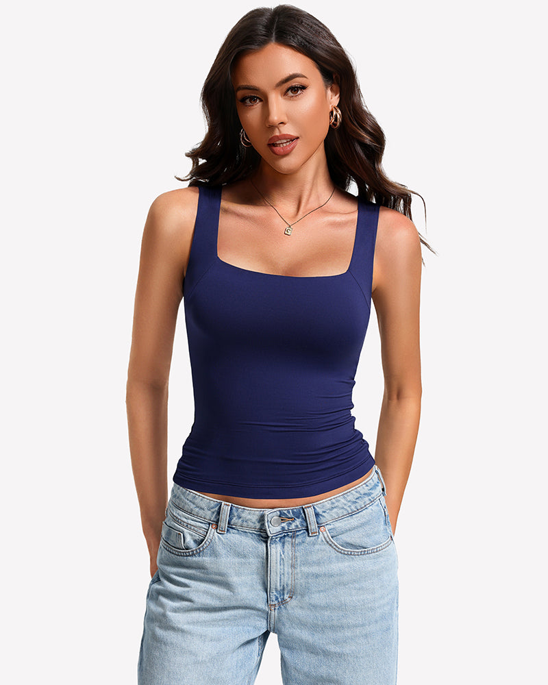 Double-lined bra tank top with U-neck, navy sleeveless stretchy fit