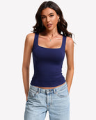 Double-lined bra tank top with U-neck, navy sleeveless stretchy fit