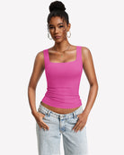 Double-lined bra tank top with U-neck, hot pink sleeveless stretchy fit