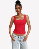 Double-lined bra tank top with U-neck, red sleeveless stretchy fit