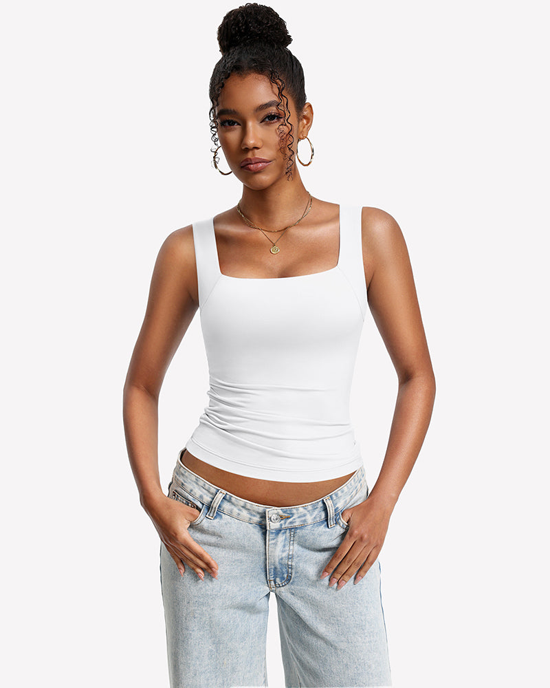 Double-lined bra tank top with U-neck, white sleeveless stretchy fit