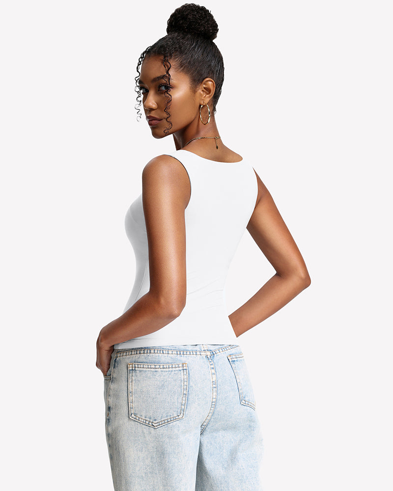 Double-lined built-in bra tank top, white U-neck, sleeveless